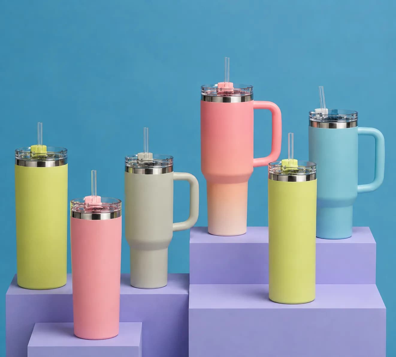 Colorful custom printed handled tumblers displayed on blue studio platforms
