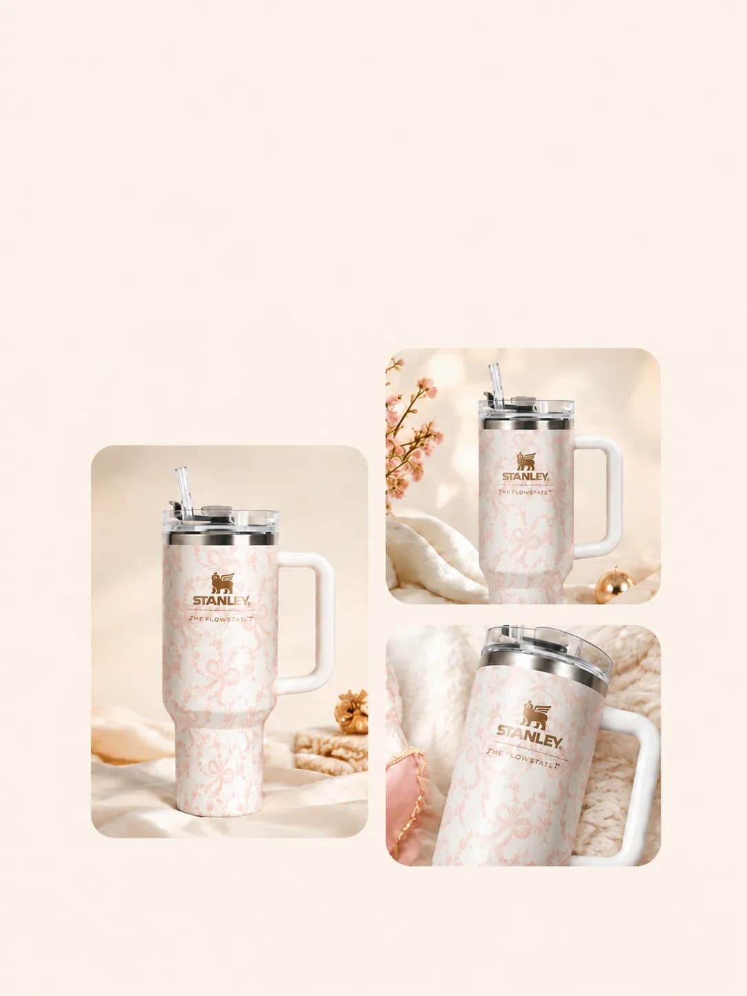 Two Lucent White 40oz handle tumblers with vivid raised floral prints beside two kraft shipping boxes with delivery labels and shipping indicators