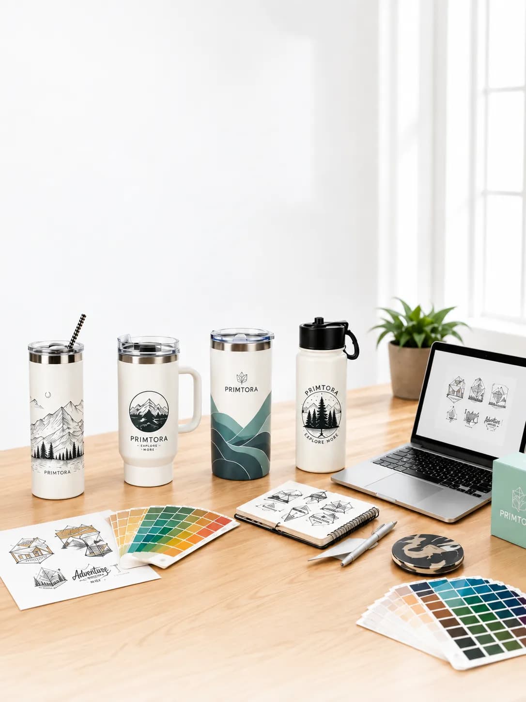 Custom drinkware brand collection with design sketches and color samples