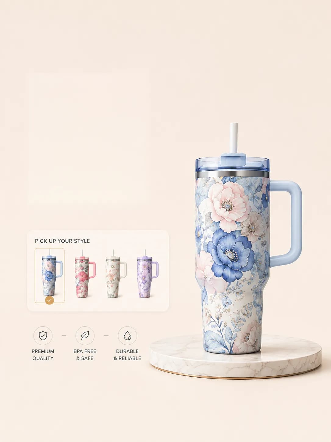 Online tumbler design editor with uploaded floral artwork, positioning controls, and a live product canvas