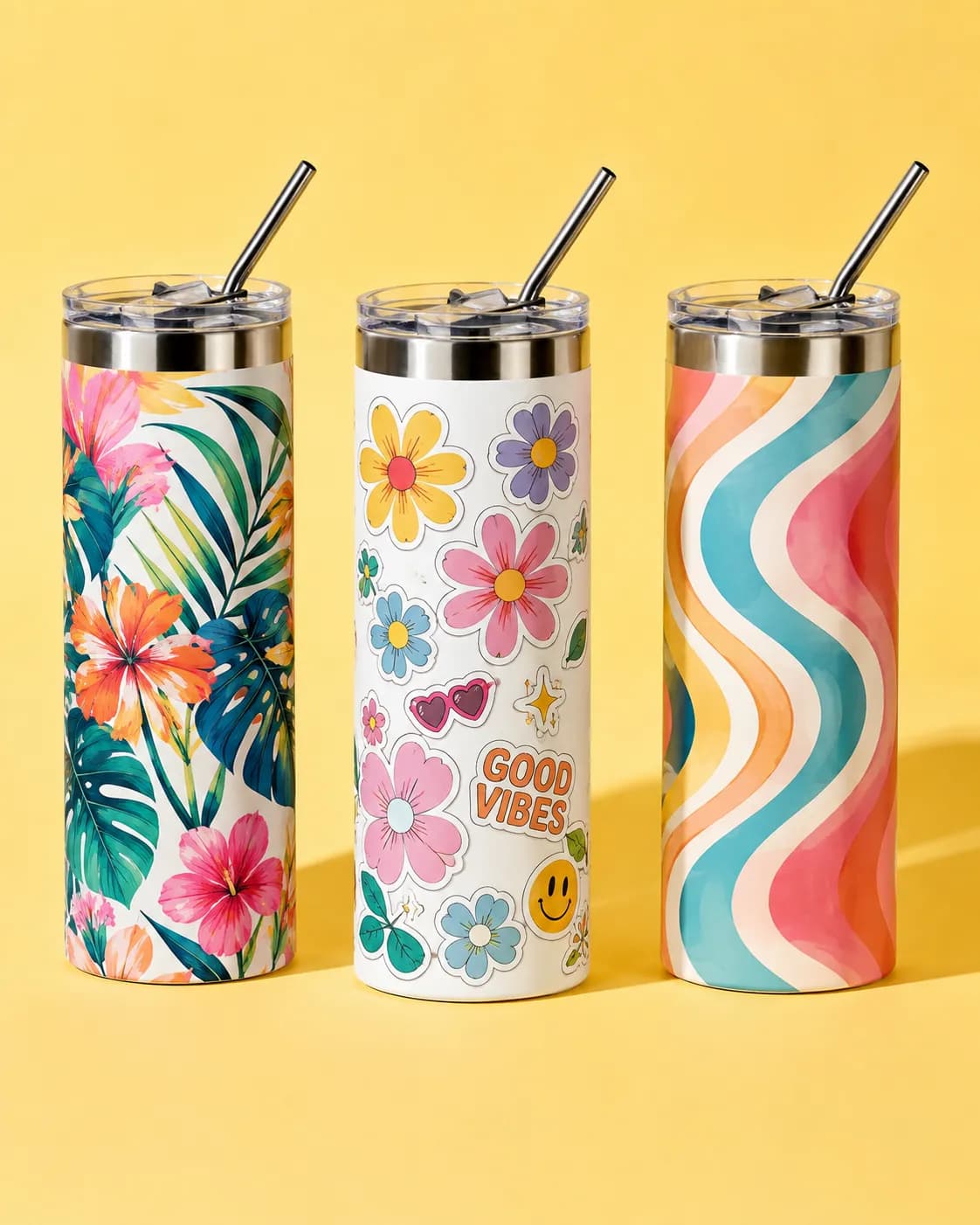 40oz handled tumbler with a vivid full-wrap floral UV design