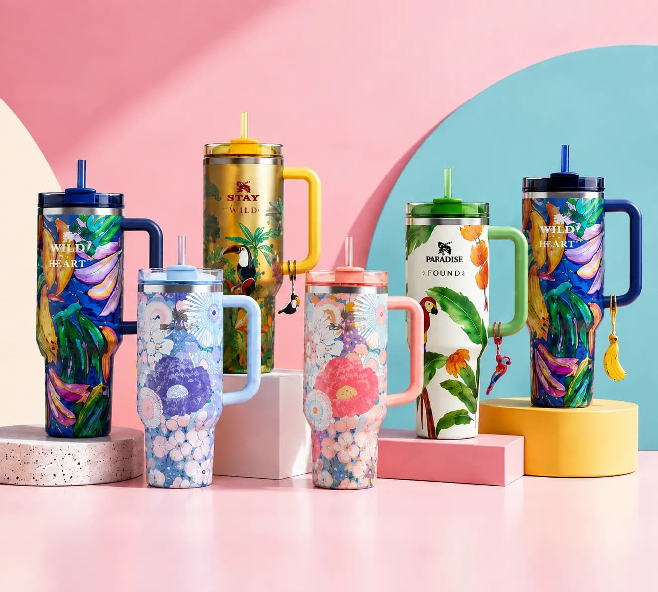Personalized drinkware showing vivid print colors and multiple finish effects