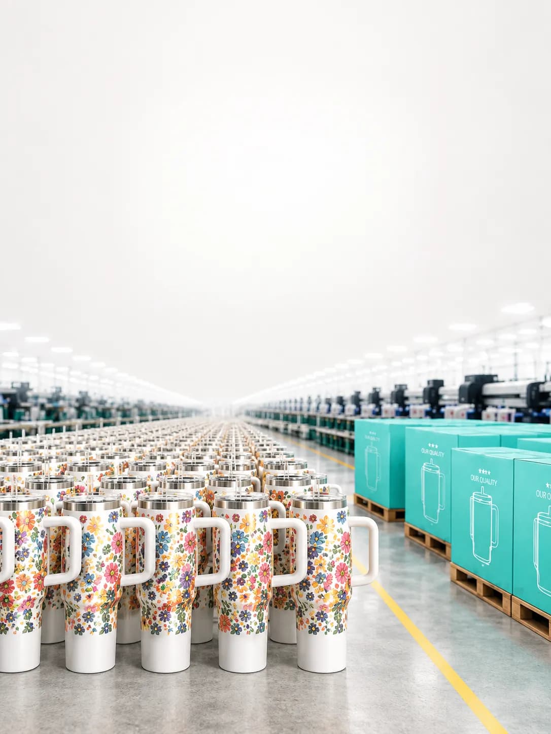 Custom floral tumblers beside labeled shipping boxes in a professional fulfillment facility