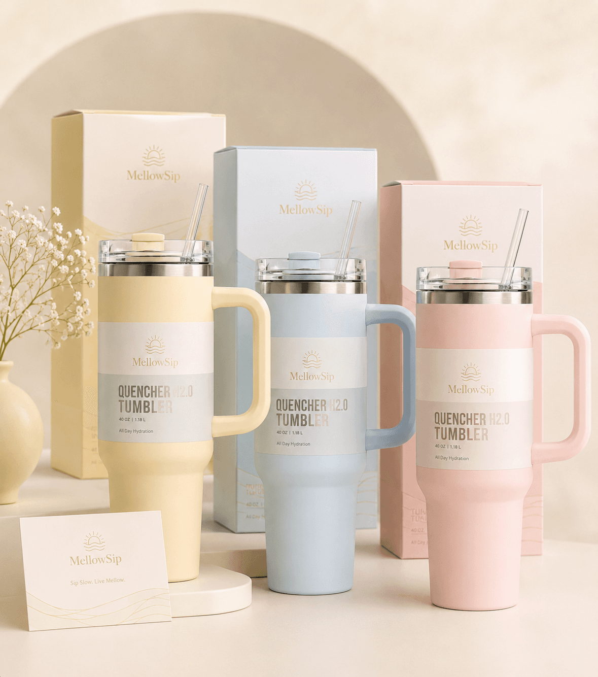 Custom tumbler and matching packaging presented as a complete brand collection