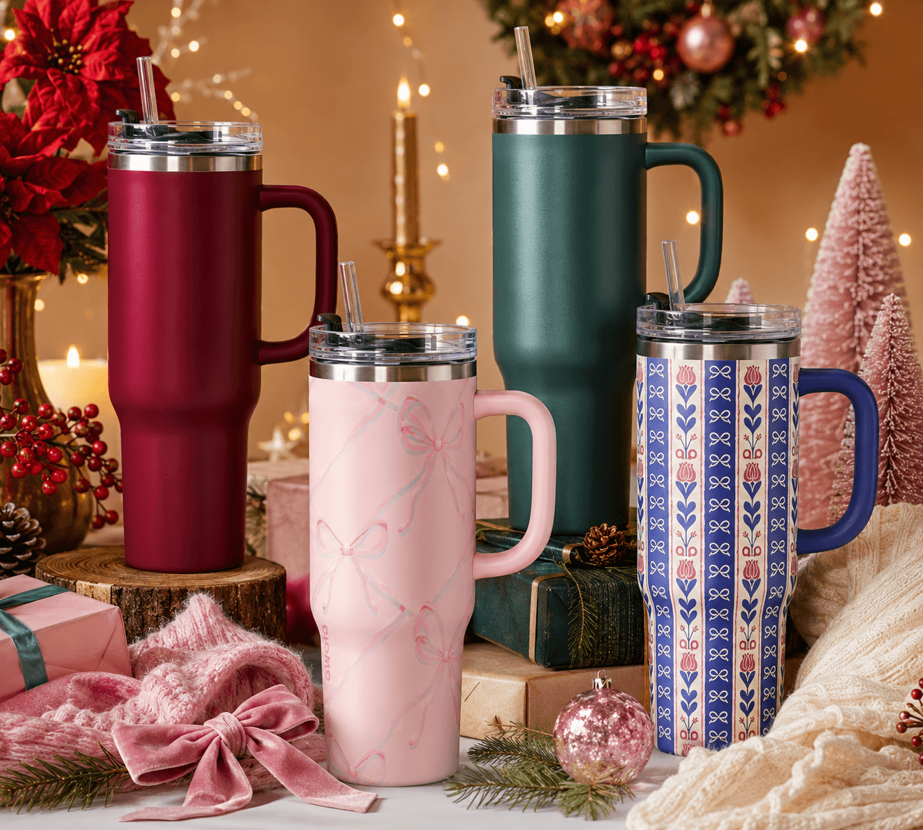 Pink floral custom tumbler presented in a matching gift box with a reusable straw