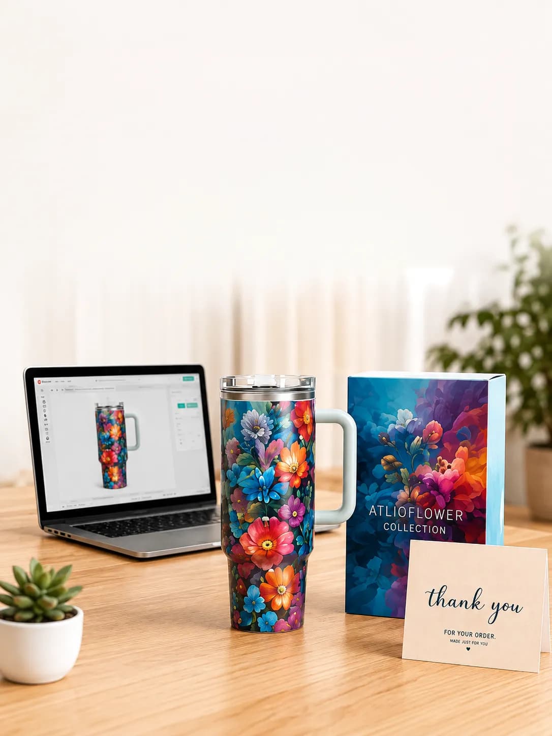 Custom printed tumblers displayed with branded product packaging