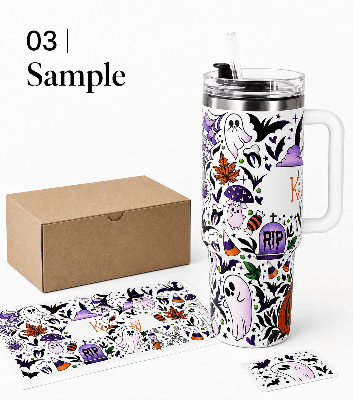 Finished floral tumbler sample presented in custom packaging