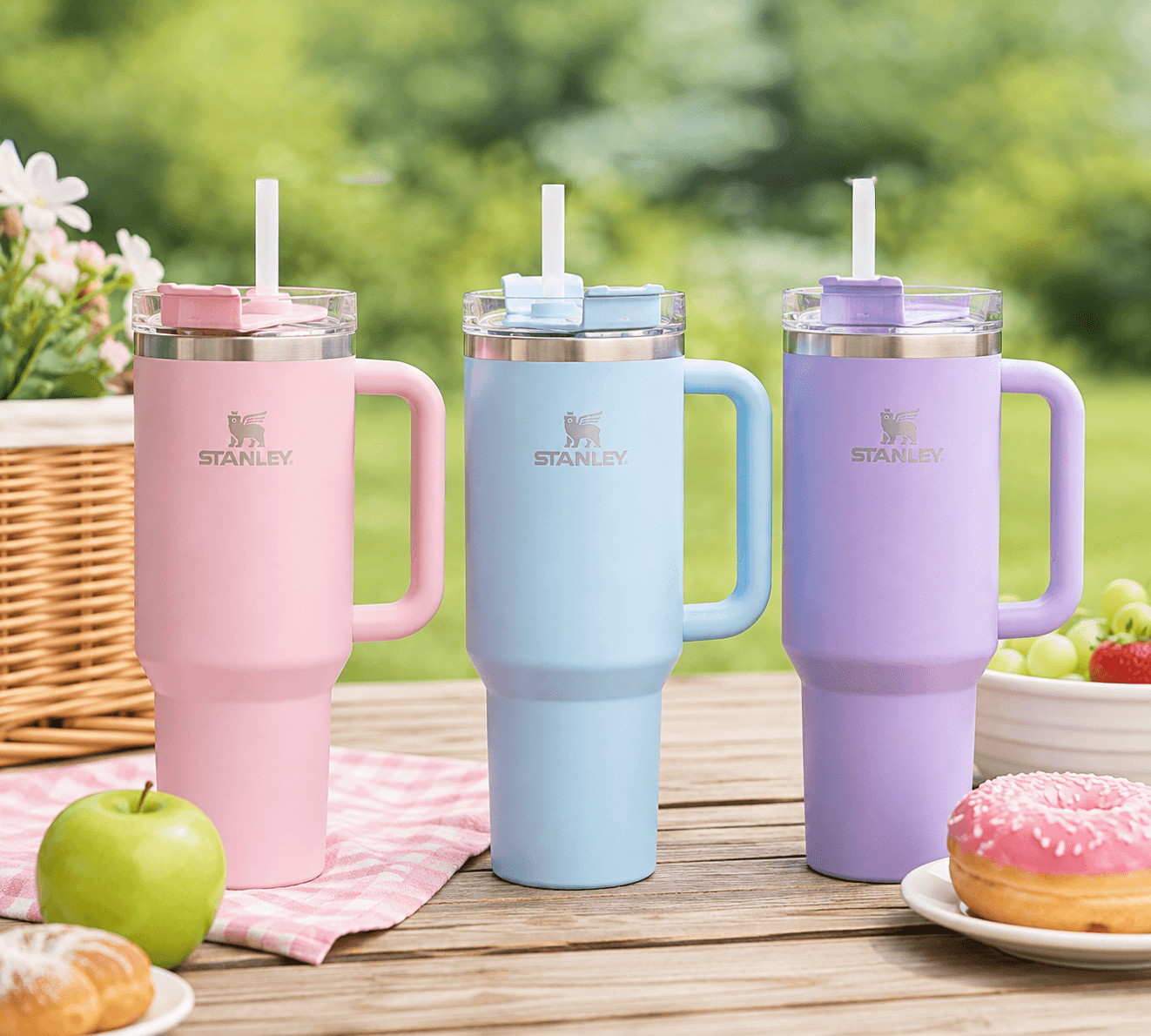 Six colorful custom printed handled tumblers with floral and tropical artwork