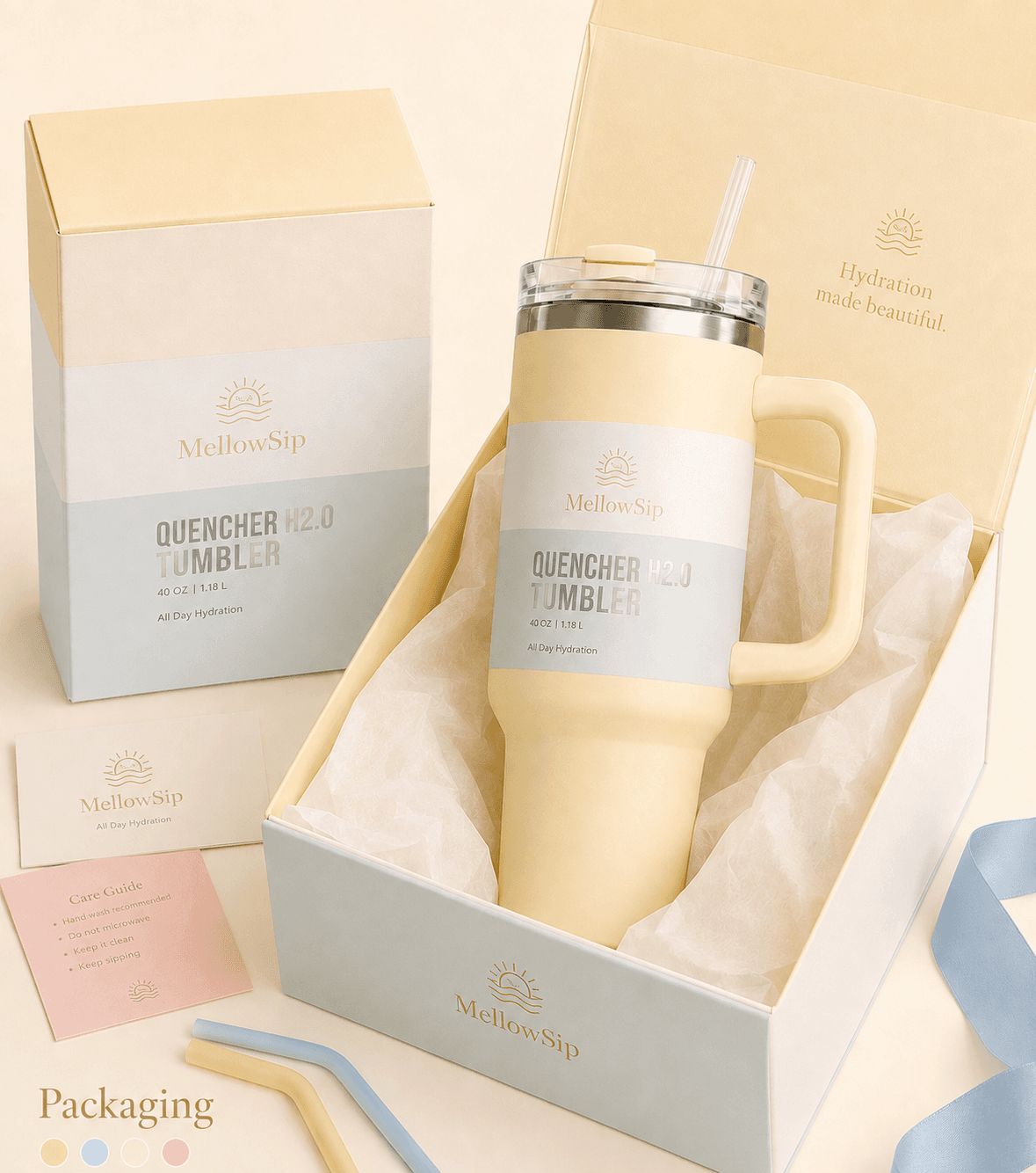 Custom floral tumbler placed in coordinated branded packaging